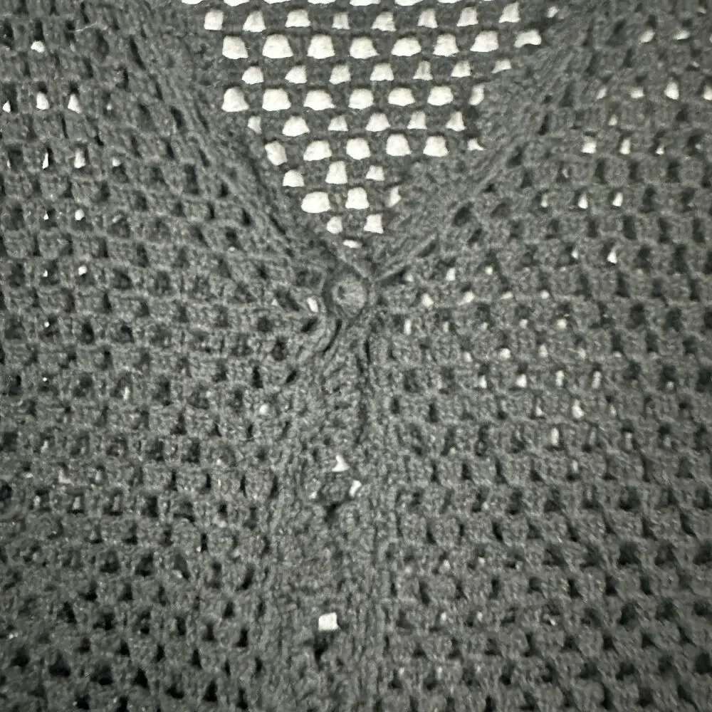 VTG Norm Thompson Black Crochet Knit Cardigan Sweater Sz S Linen Cotton Scallop